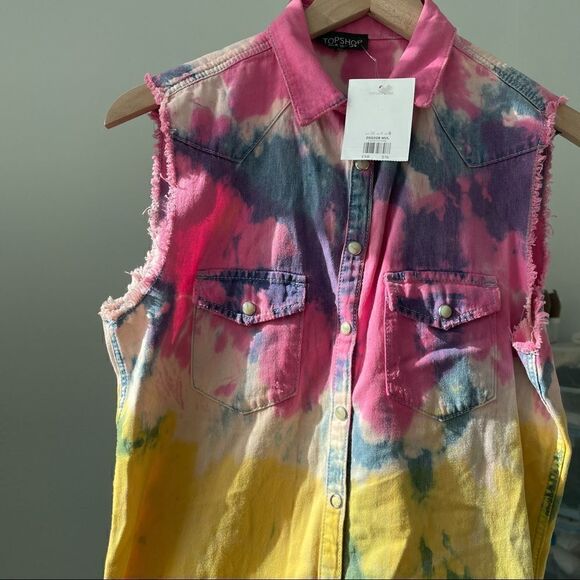 TOPSHOP NWT Unique Tie Dye Cutoff Vest Jacket Top 4 Small - Picture 2 of 10